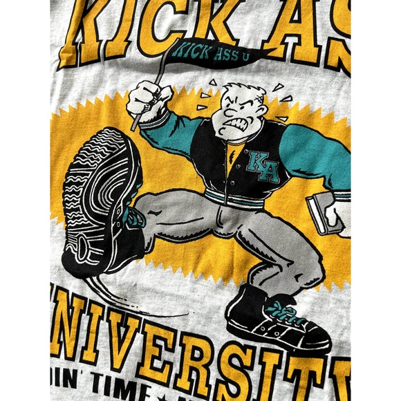 Vtg Deadstock Kick Ass University 90s Gray Cartoon Shirt M College Single Stitch - Picture 3 of 8